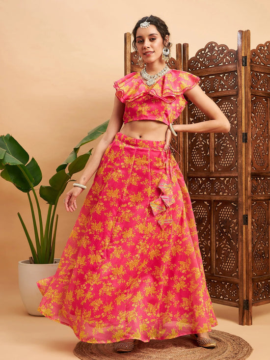 Women Fuchsia Floral Anarkali Skirt With Frill Crop Top