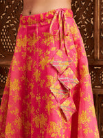 Women Fuchsia Floral Anarkali Skirt With Frill Crop Top