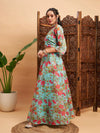 Women Blue Floral Anarkali Skirt With Wrap Crop Top