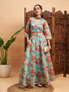 Women Blue Floral Anarkali Skirt With Wrap Crop Top