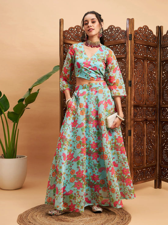 Women Blue Floral Anarkali Skirt With Wrap Crop Top