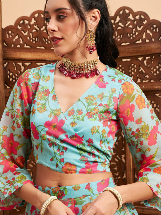 Women Blue Floral Anarkali Skirt With Wrap Crop Top