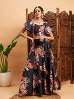 Women Black Floral Anarkali Skirt With Crop Top