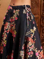 Women Black Floral Anarkali Skirt With Crop Top