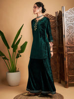 Women Emerald Velvet Embroidered Short Kurta With Palazzos