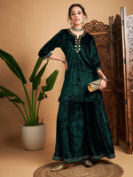 Women Emerald Velvet Embroidered Short Kurta With Palazzos