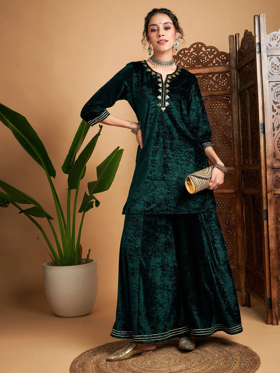 Women Emerald Velvet Embroidered Short Kurta With Palazzos