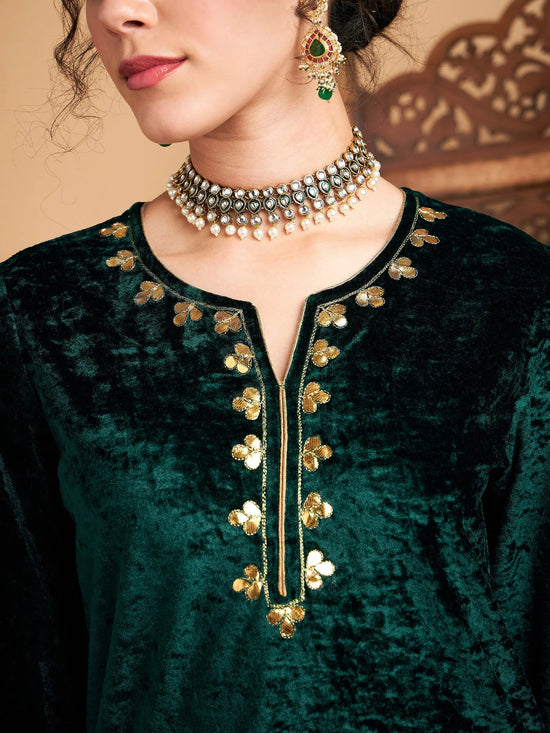 Women Emerald Velvet Embroidered Short Kurta With Palazzos