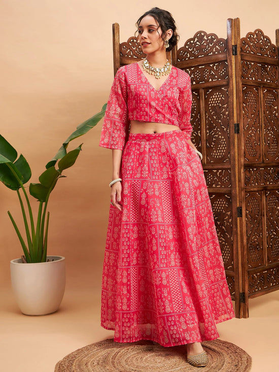 Women Pink Floral Anarkali Skirt With Wrap Crop Top