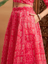 Women Pink Floral Anarkali Skirt With Wrap Crop Top