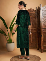 Women Emerald Green Velvet Contrast Piping Kurta With Pants