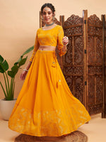 Women Mustard Mukaish Work Anarkali Skirt With Crop Top