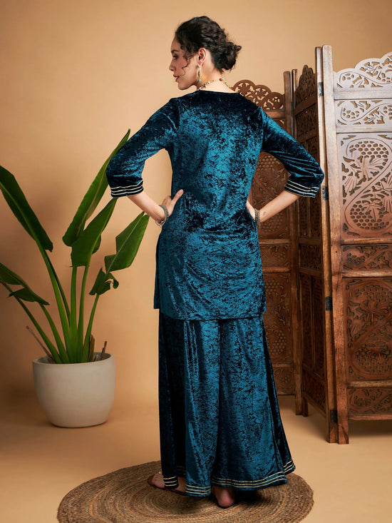 Women Teal Velvet Embroidered Short Kurta With Palazzos