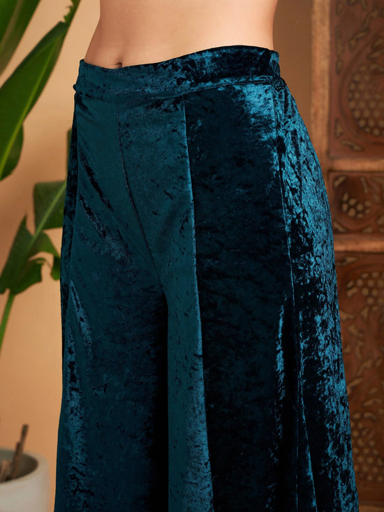 Women Teal Velvet Embroidered Short Kurta With Palazzos