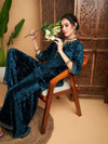 Women Teal Velvet Embroidered Short Kurta With Palazzos