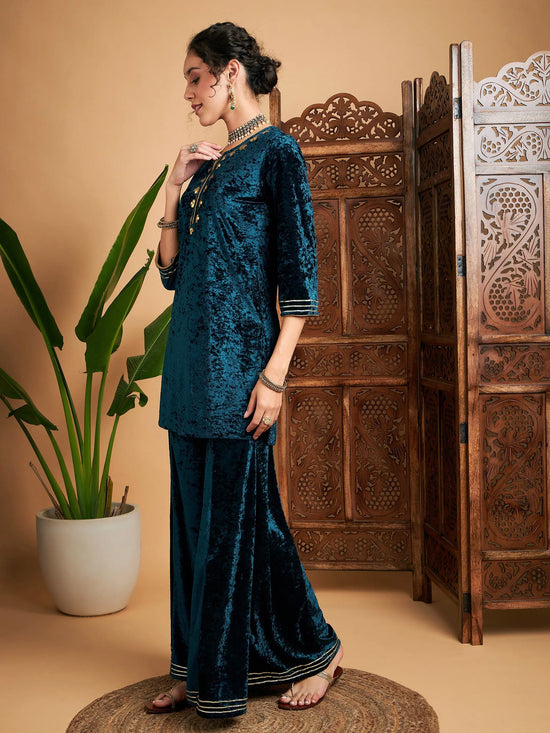 Women Teal Velvet Embroidered Short Kurta With Palazzos