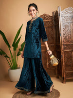 Women Teal Velvet Embroidered Short Kurta With Palazzos