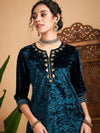 Women Teal Velvet Embroidered Short Kurta With Palazzos