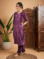 Women Mauve Velvet Gota Patti Embroidered Kurta With Pants