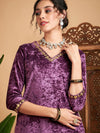 Women Mauve Velvet Gota Patti Embroidered Kurta With Pants