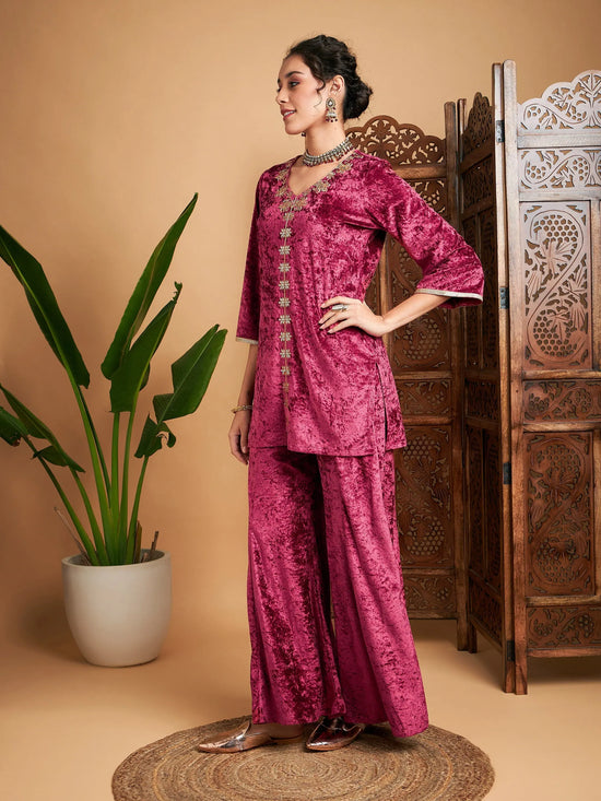 Women Pink Velvet Embroidered Short Kurta With Palazzos-SHSET95641XS