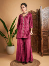 Women Pink Velvet Embroidered Short Kurta With Palazzos-SHSET95641XS