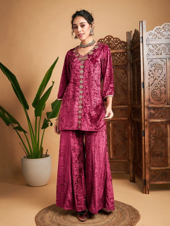 Women Pink Velvet Embroidered Short Kurta With Palazzos-SHSET95641XS