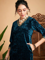 Women Teal Velvet Gota Patti Embroidered Kurta With Pants