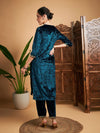 Women Teal Velvet Gota Patti Embroidered Kurta With Pants