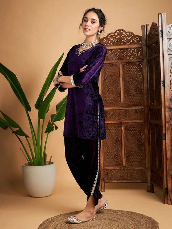 Women Purple Velvet Gota Patti Embroidered Short Kurta With Dhoti Pants