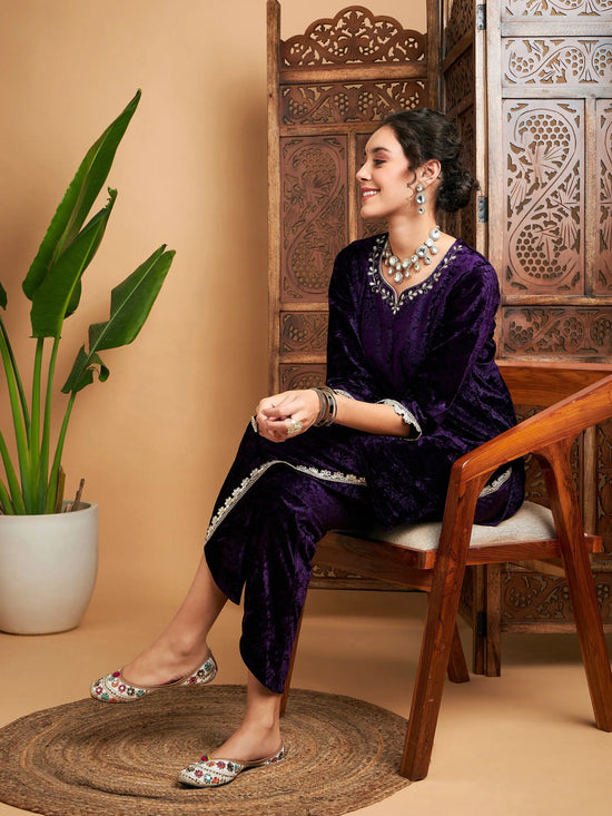 Women Purple Velvet Gota Patti Embroidered Short Kurta With Dhoti Pants