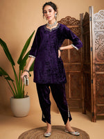 Women Purple Velvet Gota Patti Embroidered Short Kurta With Dhoti Pants