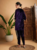 Women Purple Velvet Gota Patti Embroidered Short Kurta With Dhoti Pants