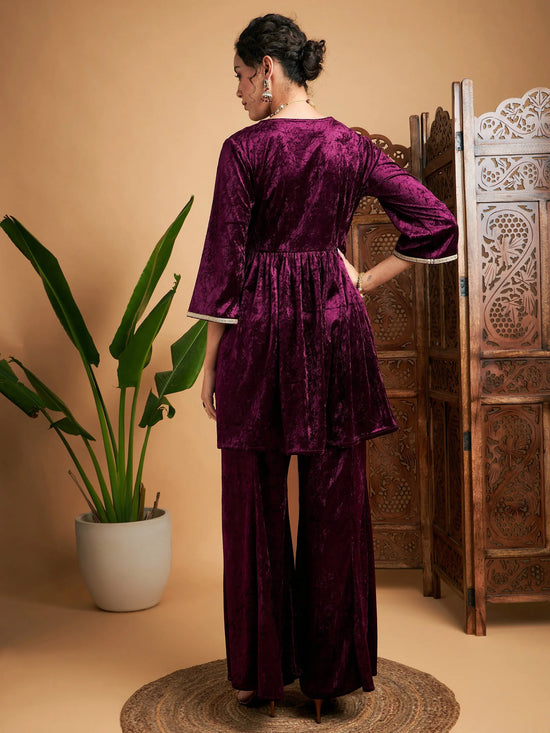 Women Purple Velvet Embroidered Top With Palazzos