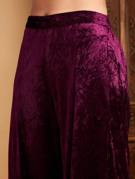 Women Purple Velvet Embroidered Top With Palazzos