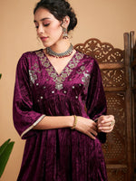 Women Purple Velvet Embroidered Top With Palazzos