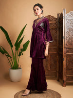 Women Purple Velvet Embroidered Top With Palazzos