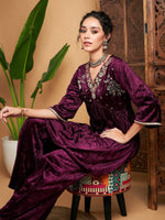 Women Purple Velvet Embroidered Top With Palazzos