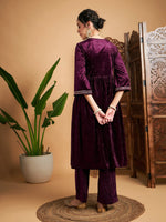 Women Purple Velvet Embroidered Gathered Kurta With Pants