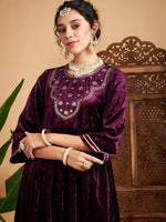 Women Purple Velvet Embroidered Gathered Kurta With Pants