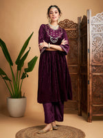 Women Purple Velvet Embroidered Gathered Kurta With Pants