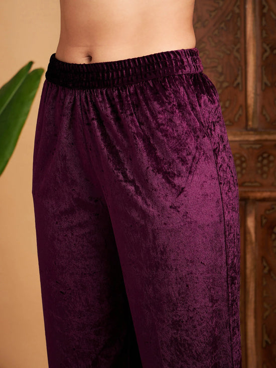 Women Purple Velvet Embroidered Gathered Kurta With Pants