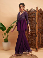 Women Burgundy Mukaish Top With Sharara Pants