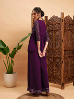 Women Burgundy Mukaish Top With Sharara Pants