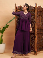 Women Burgundy Mukaish Top With Sharara Pants