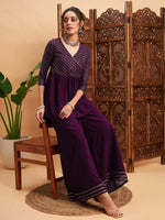 Women Burgundy Mukaish Top With Sharara Pants