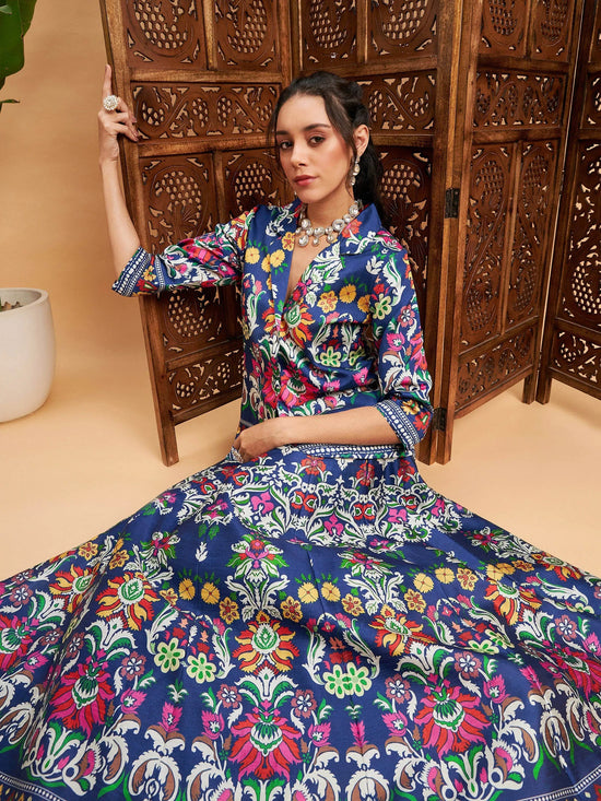 Women Navy Floral Anarkali Skirt With Blazer