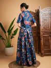 Women Blue Floral Anarkali Skirt With Blazer