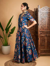 Women Blue Floral Anarkali Skirt With Blazer