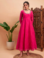 Women Fuchsia Chanderi Embroidered Anarkali Maxi Kurta